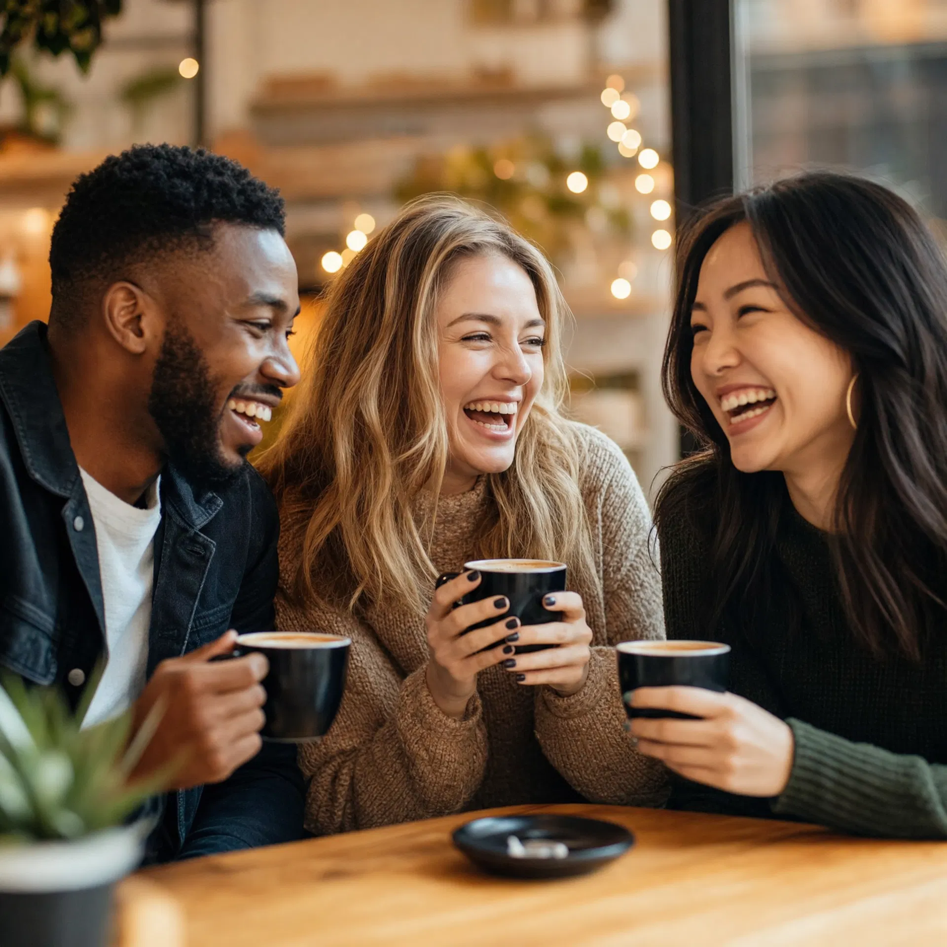 Friends laughing together over coffee
