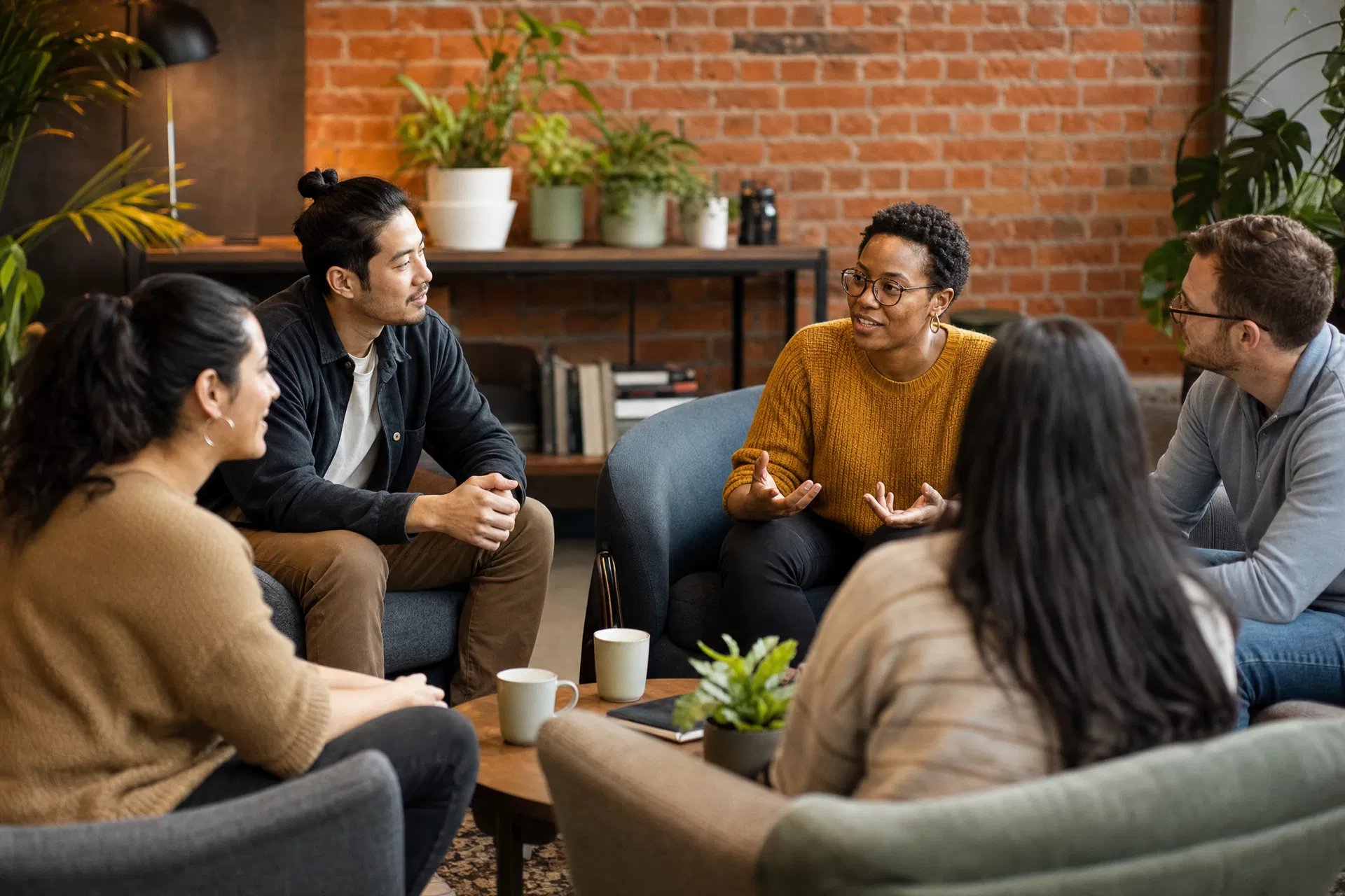 Small group having a thoughtful conversation